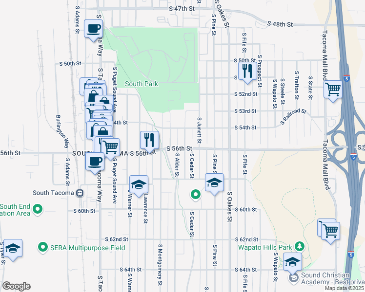 map of restaurants, bars, coffee shops, grocery stores, and more near 5428 South Cedar Street in Tacoma