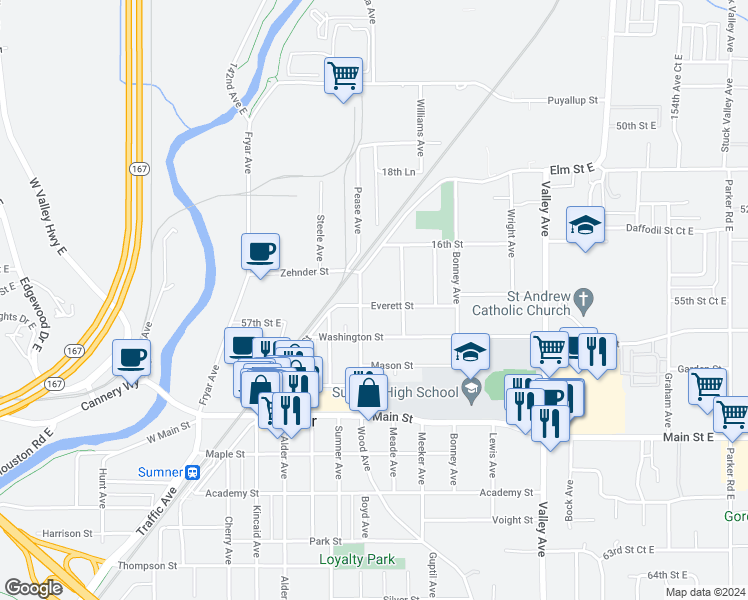 map of restaurants, bars, coffee shops, grocery stores, and more near 1409 Everett Street in Sumner