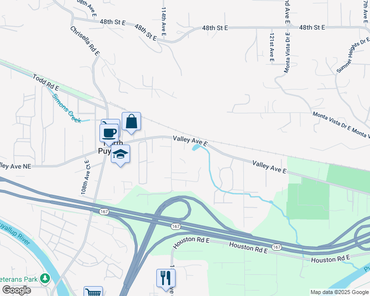 map of restaurants, bars, coffee shops, grocery stores, and more near 11518 Valley Avenue East in Puyallup