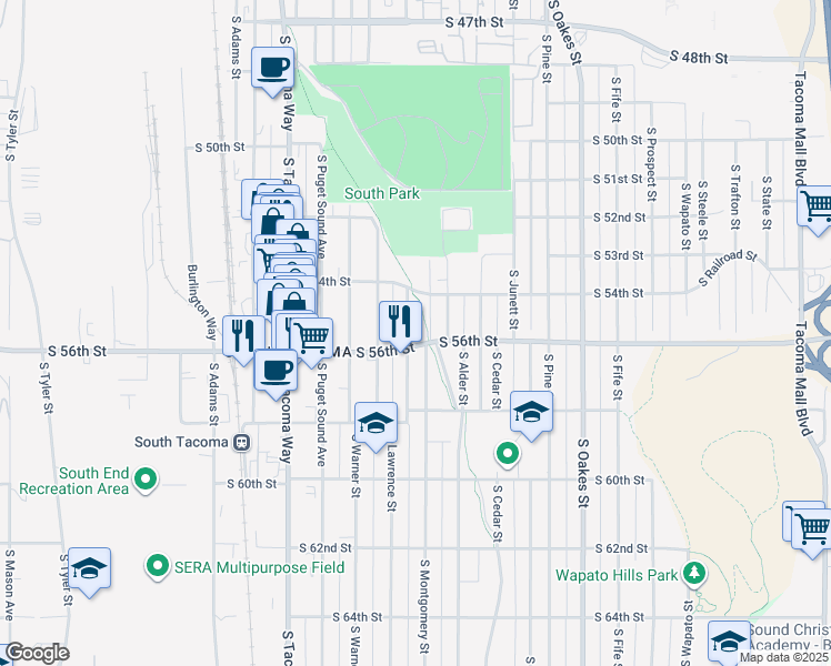 map of restaurants, bars, coffee shops, grocery stores, and more near 3305 South 56th Street in Tacoma