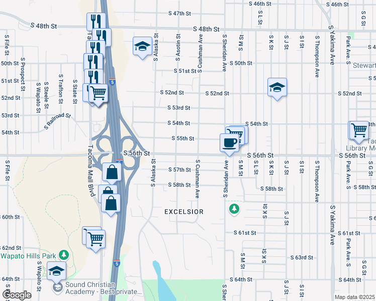 map of restaurants, bars, coffee shops, grocery stores, and more near 1517 South 56th Street in Tacoma