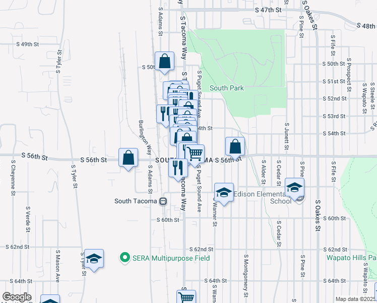 map of restaurants, bars, coffee shops, grocery stores, and more near 5435 South Tacoma Way in Tacoma