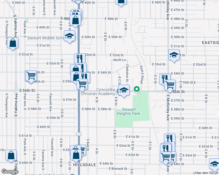 map of restaurants, bars, coffee shops, grocery stores, and more near 5434 McDacer Avenue in Tacoma