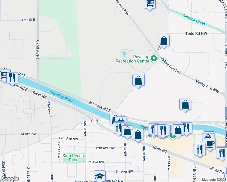 map of restaurants, bars, coffee shops, grocery stores, and more near 1601 Industrial Park Way in Puyallup