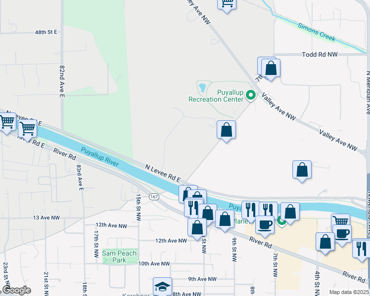 map of restaurants, bars, coffee shops, grocery stores, and more near 1601 Industrial Park Way in Puyallup