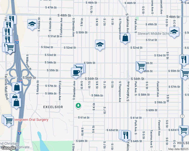map of restaurants, bars, coffee shops, grocery stores, and more near in Tacoma