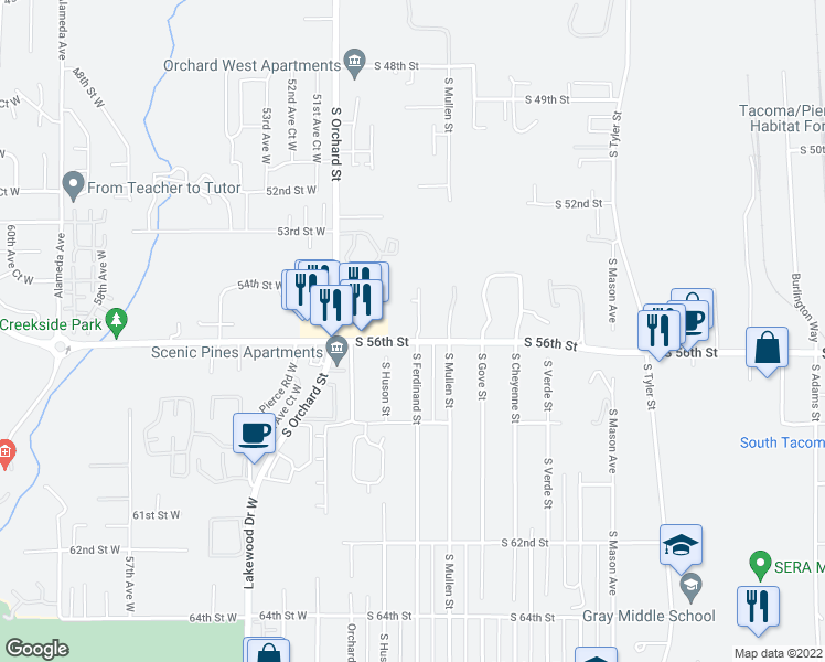 map of restaurants, bars, coffee shops, grocery stores, and more near 4829 South 56th Street in Tacoma