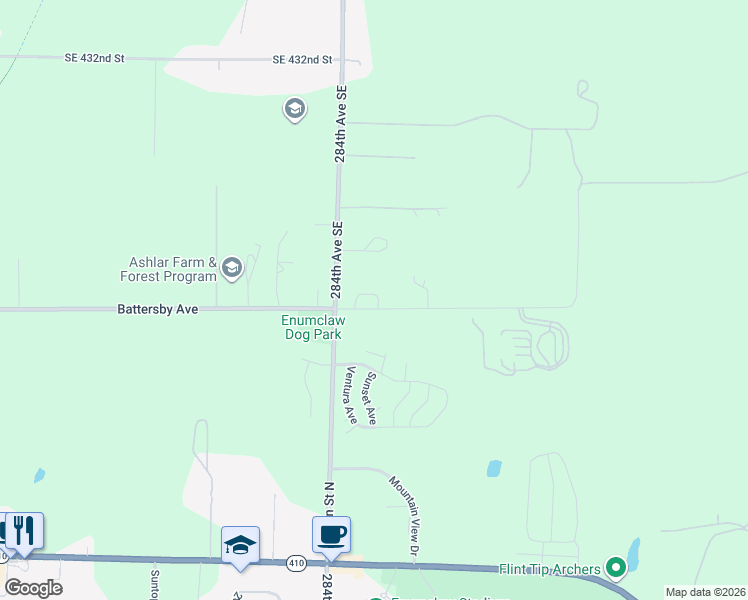 map of restaurants, bars, coffee shops, grocery stores, and more near 28508 Southeast 440th Street in Enumclaw