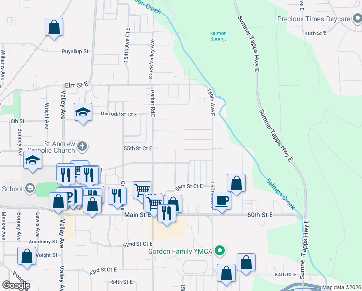 map of restaurants, bars, coffee shops, grocery stores, and more near 15811 Washington Street East in Sumner