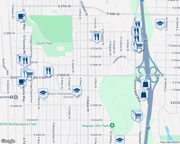 map of restaurants, bars, coffee shops, grocery stores, and more near 5431 South Oakes Street in Tacoma