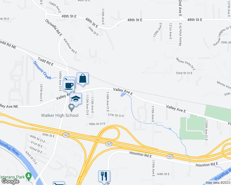 map of restaurants, bars, coffee shops, grocery stores, and more near 11518 Valley Avenue East in Puyallup