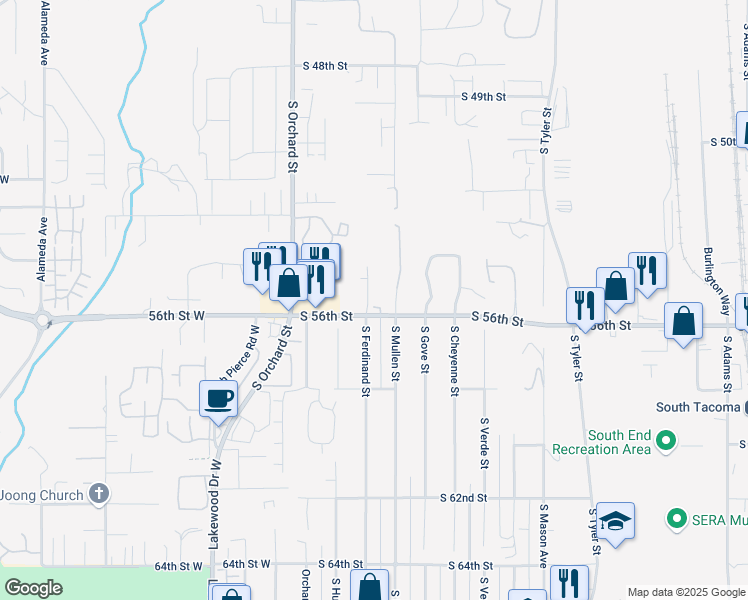 map of restaurants, bars, coffee shops, grocery stores, and more near 4829 South 56th Street in Tacoma