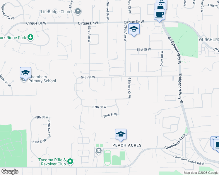 map of restaurants, bars, coffee shops, grocery stores, and more near 5516 83rd Avenue West in Tacoma