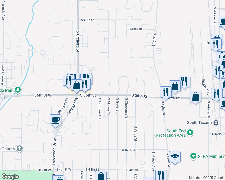 map of restaurants, bars, coffee shops, grocery stores, and more near 5601 South Mullen Street in Tacoma