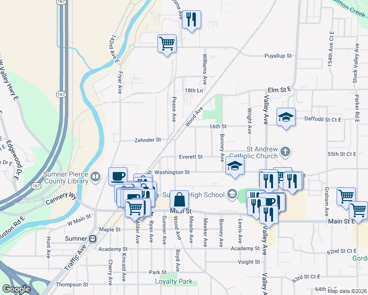 map of restaurants, bars, coffee shops, grocery stores, and more near 1416 Everett Street in Sumner