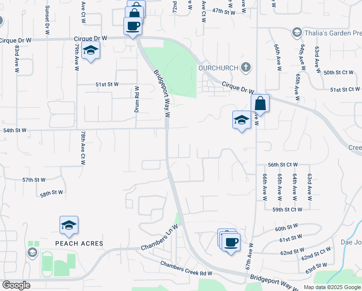 map of restaurants, bars, coffee shops, grocery stores, and more near 5521 Bridgeport Way West in University Place