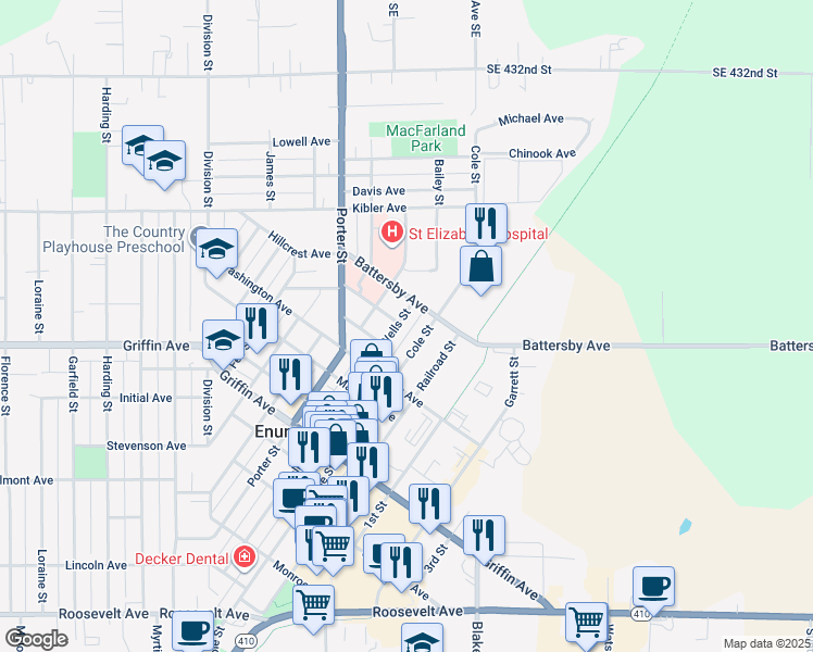map of restaurants, bars, coffee shops, grocery stores, and more near 2043 Wells Street in Enumclaw