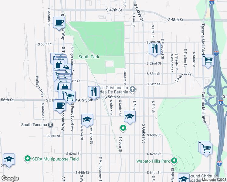 map of restaurants, bars, coffee shops, grocery stores, and more near 5428 South Cedar Street in Tacoma