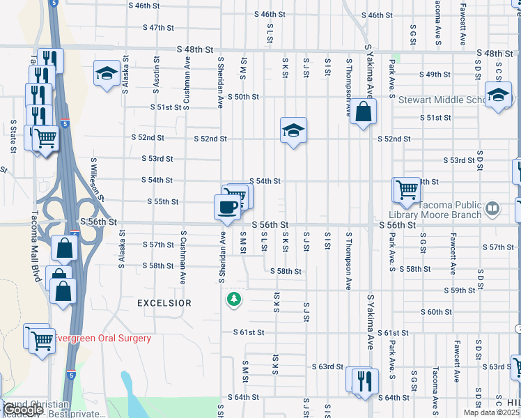 map of restaurants, bars, coffee shops, grocery stores, and more near 5432 South L Street in Tacoma
