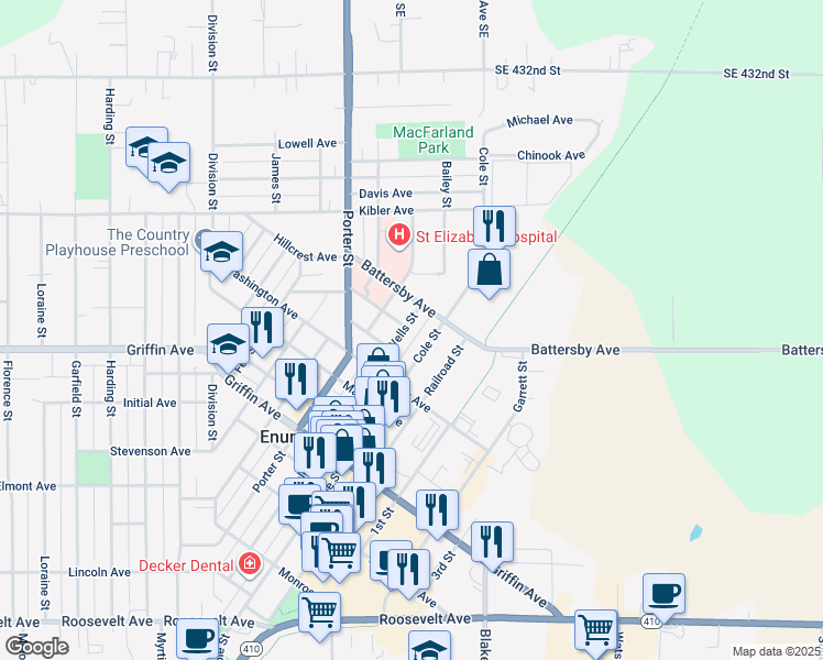 map of restaurants, bars, coffee shops, grocery stores, and more near 2043 Wells Street in Enumclaw