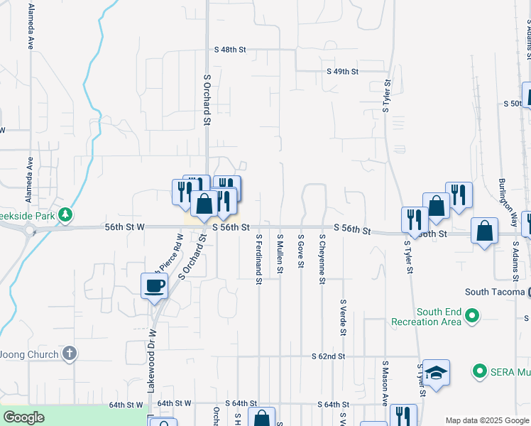 map of restaurants, bars, coffee shops, grocery stores, and more near 4829 South 56th Street in Tacoma