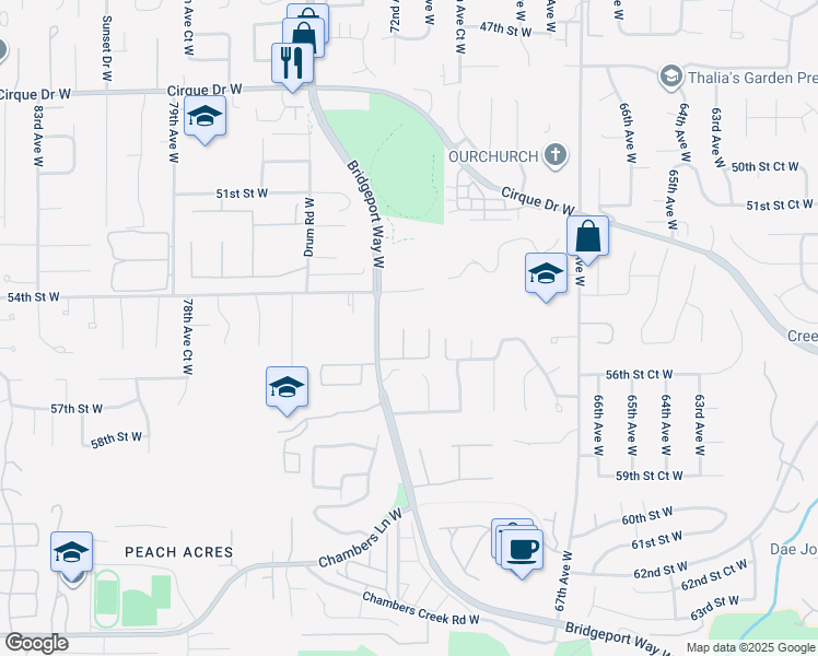 map of restaurants, bars, coffee shops, grocery stores, and more near 5521 Bridgeport Way West in University Place