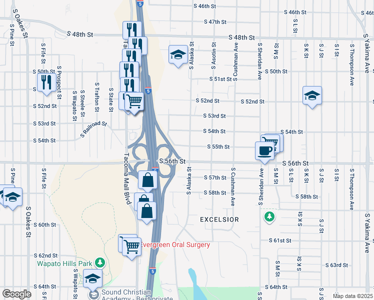 map of restaurants, bars, coffee shops, grocery stores, and more near in Tacoma