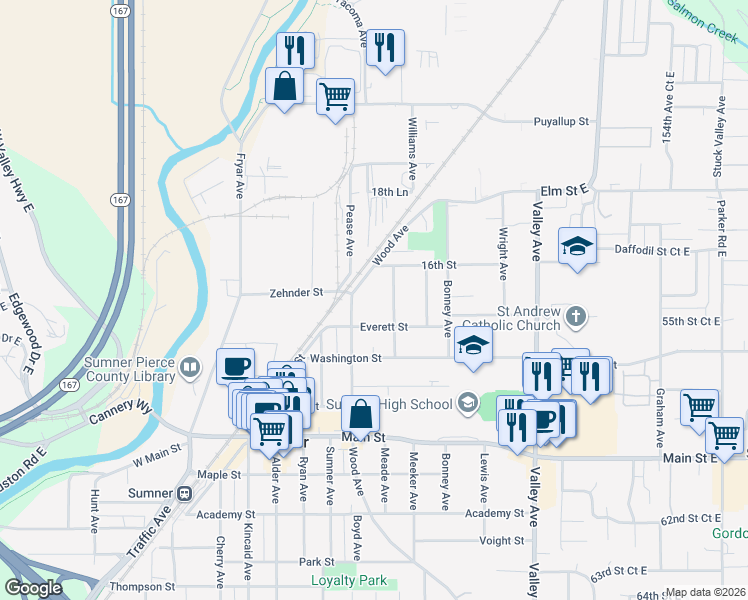 map of restaurants, bars, coffee shops, grocery stores, and more near 1529 Wood Avenue in Sumner