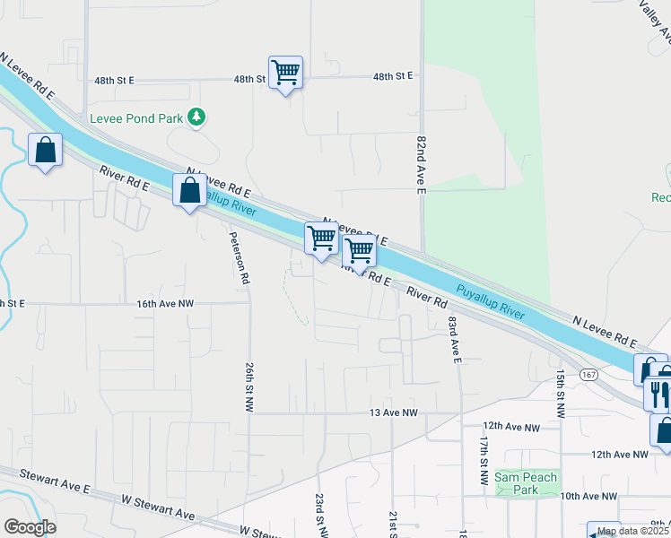 map of restaurants, bars, coffee shops, grocery stores, and more near 7808 River Rd E in Puyallup