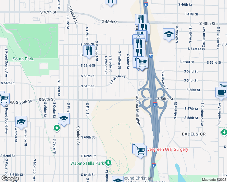 map of restaurants, bars, coffee shops, grocery stores, and more near 5402 South Steele Street in Tacoma