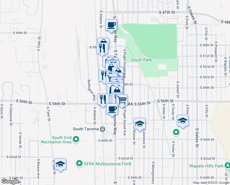 map of restaurants, bars, coffee shops, grocery stores, and more near 5402 South Tacoma Way in Tacoma