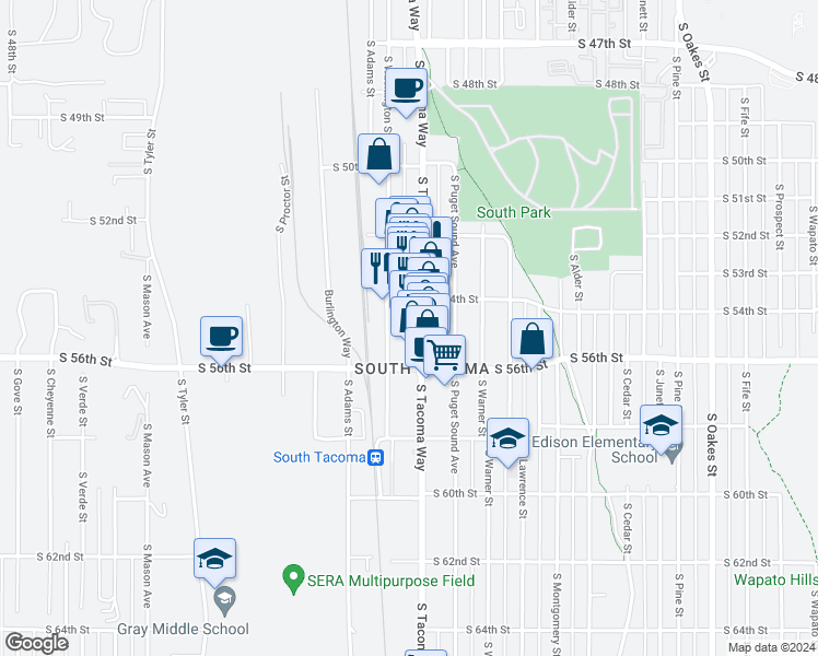 map of restaurants, bars, coffee shops, grocery stores, and more near 5402 South Tacoma Way in Tacoma