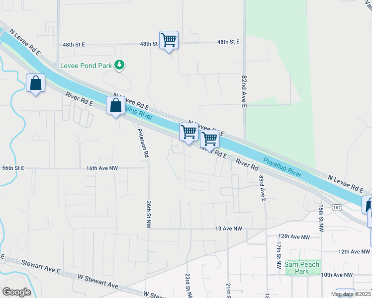 map of restaurants, bars, coffee shops, grocery stores, and more near 7808 River Road East in Puyallup