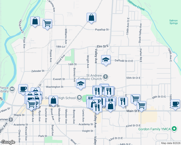 map of restaurants, bars, coffee shops, grocery stores, and more near 1411 Wright Avenue in Sumner