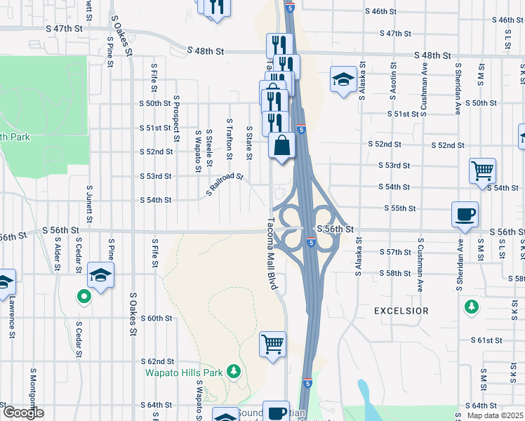 map of restaurants, bars, coffee shops, grocery stores, and more near 2103 South Railroad Street in Tacoma