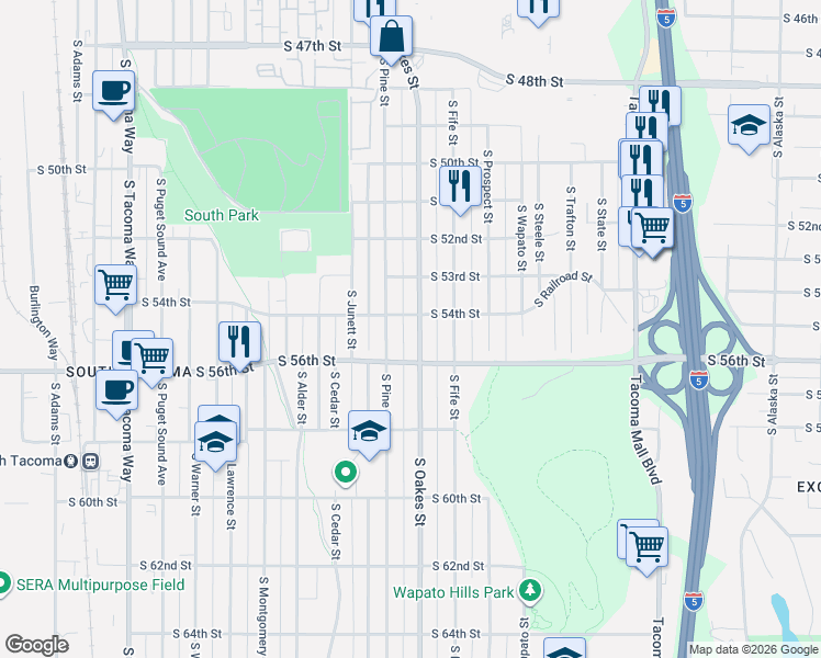 map of restaurants, bars, coffee shops, grocery stores, and more near 5319 South Oakes Street in Tacoma