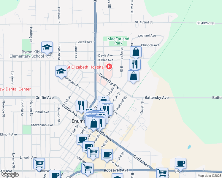 map of restaurants, bars, coffee shops, grocery stores, and more near 1338 Battersby Avenue in Enumclaw