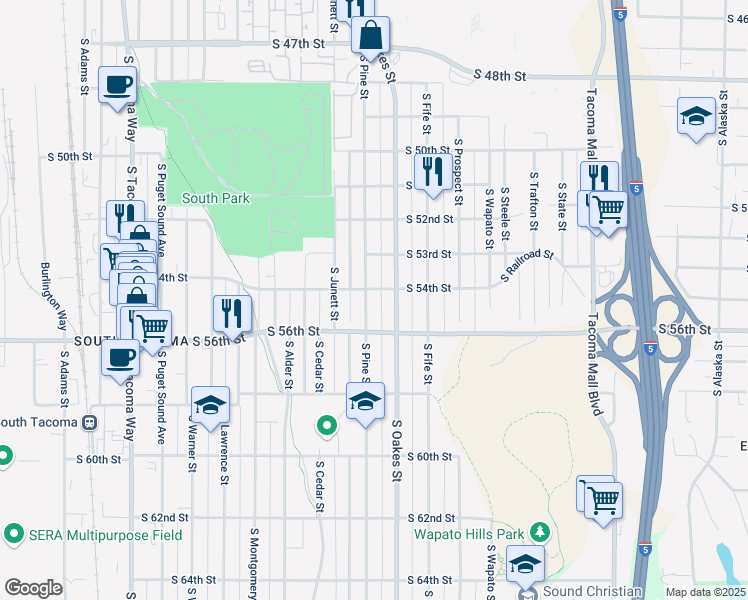 map of restaurants, bars, coffee shops, grocery stores, and more near 2717 South 54th Street in Tacoma