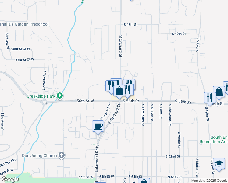 map of restaurants, bars, coffee shops, grocery stores, and more near 5110 54th Street West in University Place
