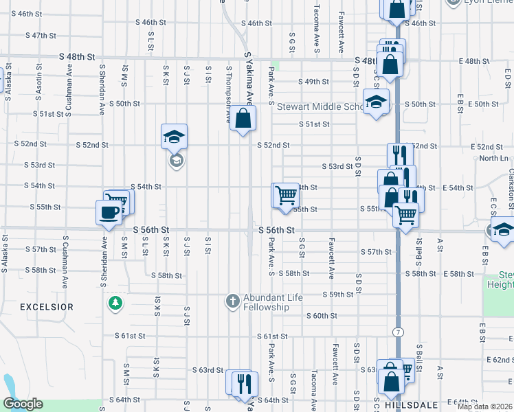 map of restaurants, bars, coffee shops, grocery stores, and more near 5406 South Yakima Avenue in Tacoma