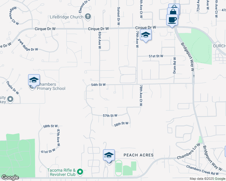 map of restaurants, bars, coffee shops, grocery stores, and more near 5401 81st Avenue Court West in Tacoma