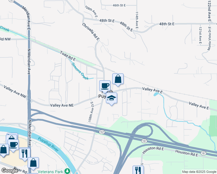 map of restaurants, bars, coffee shops, grocery stores, and more near 111th Avenue Court East in Pierce County