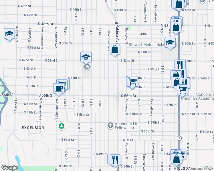 map of restaurants, bars, coffee shops, grocery stores, and more near 5420 South Thompson Avenue in Tacoma