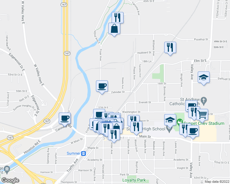 map of restaurants, bars, coffee shops, grocery stores, and more near 1205 Zehnder Street in Sumner