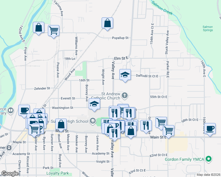 map of restaurants, bars, coffee shops, grocery stores, and more near 1511 Wright Avenue in Sumner