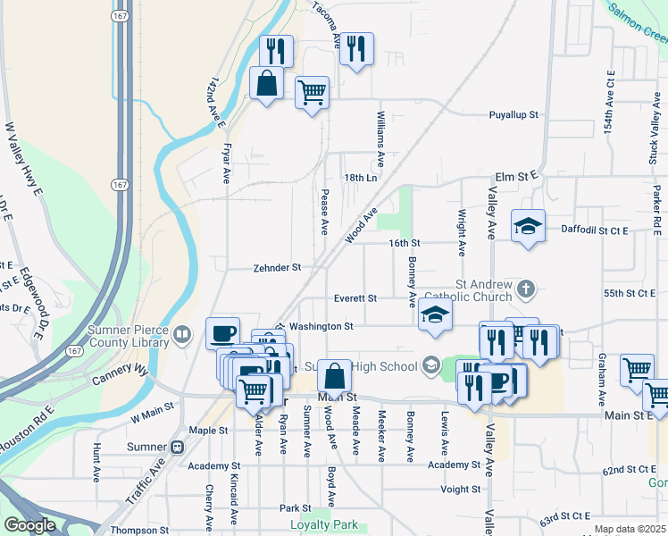 map of restaurants, bars, coffee shops, grocery stores, and more near 1529 Wood Avenue in Sumner
