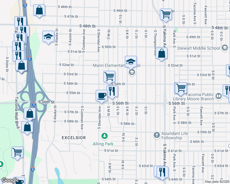 map of restaurants, bars, coffee shops, grocery stores, and more near 5407 South L Street in Tacoma