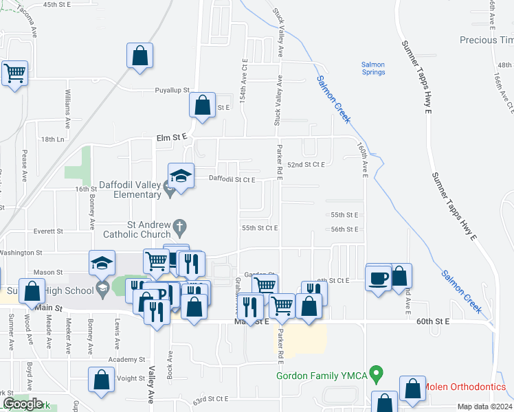 map of restaurants, bars, coffee shops, grocery stores, and more near 5412 156th Avenue Court East in Sumner