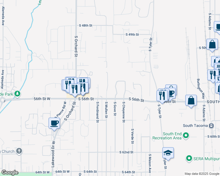 map of restaurants, bars, coffee shops, grocery stores, and more near 5250 South Mullen Street in Tacoma