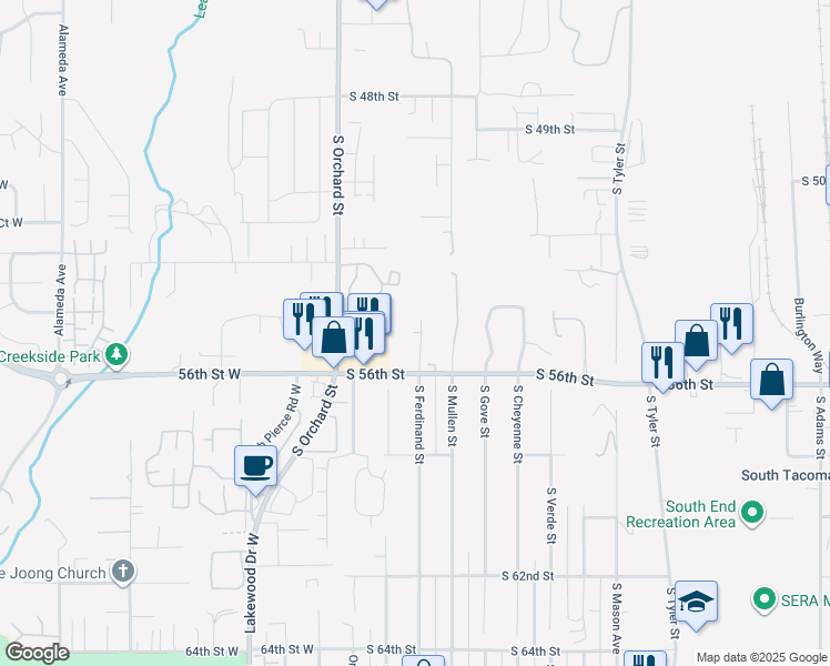 map of restaurants, bars, coffee shops, grocery stores, and more near 4819 South 56th Street in Tacoma